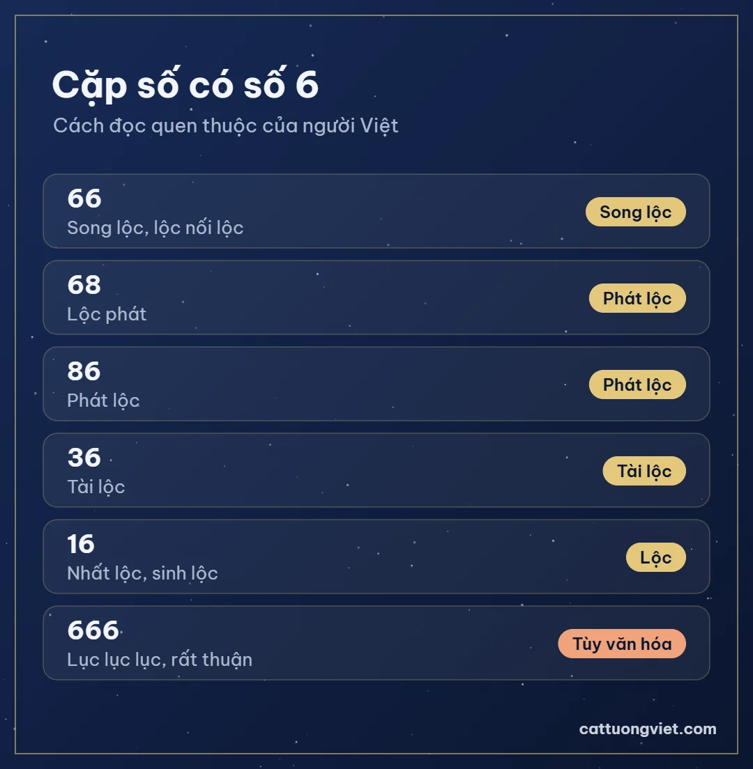 Các cặp số có số 6: 66, 68, 86, 36, 16, 666