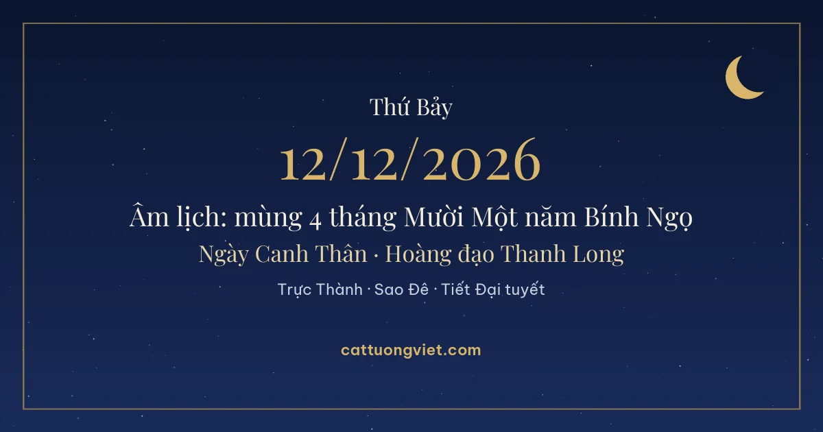 Lịch âm ngày 12/12/2026: mùng 4 tháng Mười Một năm Bính Ngọ, ngày Canh Thân