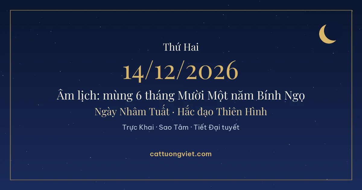 Lịch âm ngày 14/12/2026: mùng 6 tháng Mười Một năm Bính Ngọ, ngày Nhâm Tuất