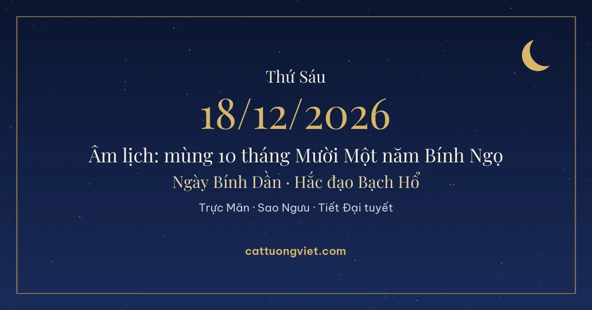 Lịch âm ngày 18/12/2026: mùng 10 tháng Mười Một năm Bính Ngọ, ngày Bính Dần