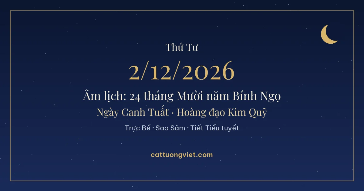 Lịch âm ngày 2/12/2026: 24 tháng Mười năm Bính Ngọ, ngày Canh Tuất