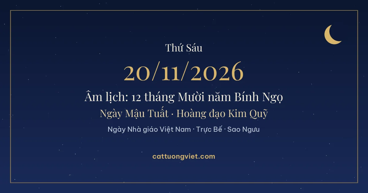 Lịch âm ngày 20/11/2026: 12 tháng Mười năm Bính Ngọ, ngày Mậu Tuất