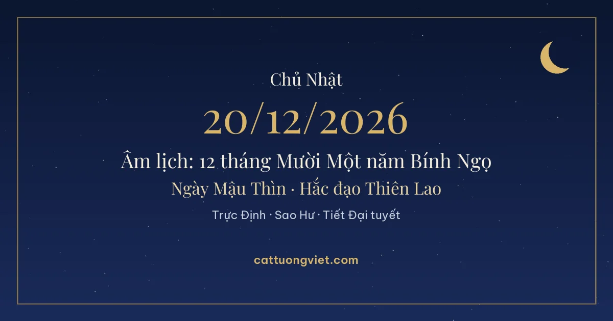 Lịch âm ngày 20/12/2026: 12 tháng Mười Một năm Bính Ngọ, ngày Mậu Thìn