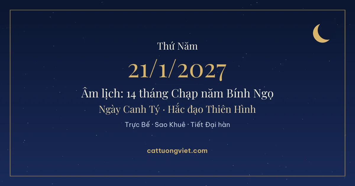 Lịch âm ngày 21/1/2027: 14 tháng Chạp năm Bính Ngọ, ngày Canh Tý