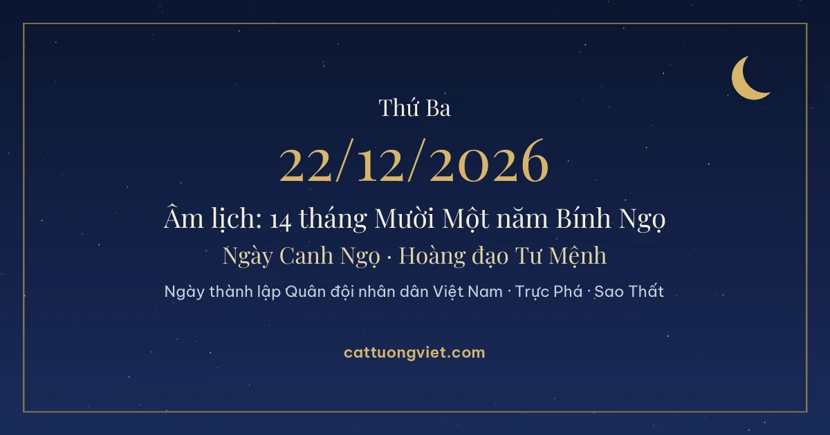 Lịch âm ngày 22/12/2026: 14 tháng Mười Một năm Bính Ngọ, ngày Canh Ngọ