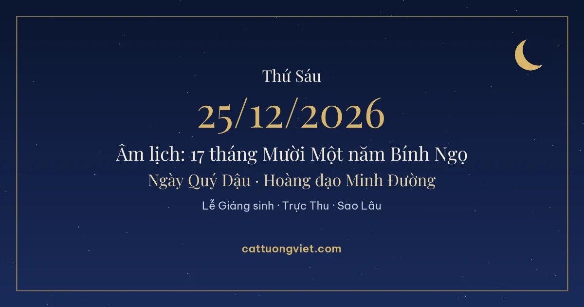 Lịch âm ngày 25/12/2026: 17 tháng Mười Một năm Bính Ngọ, ngày Quý Dậu