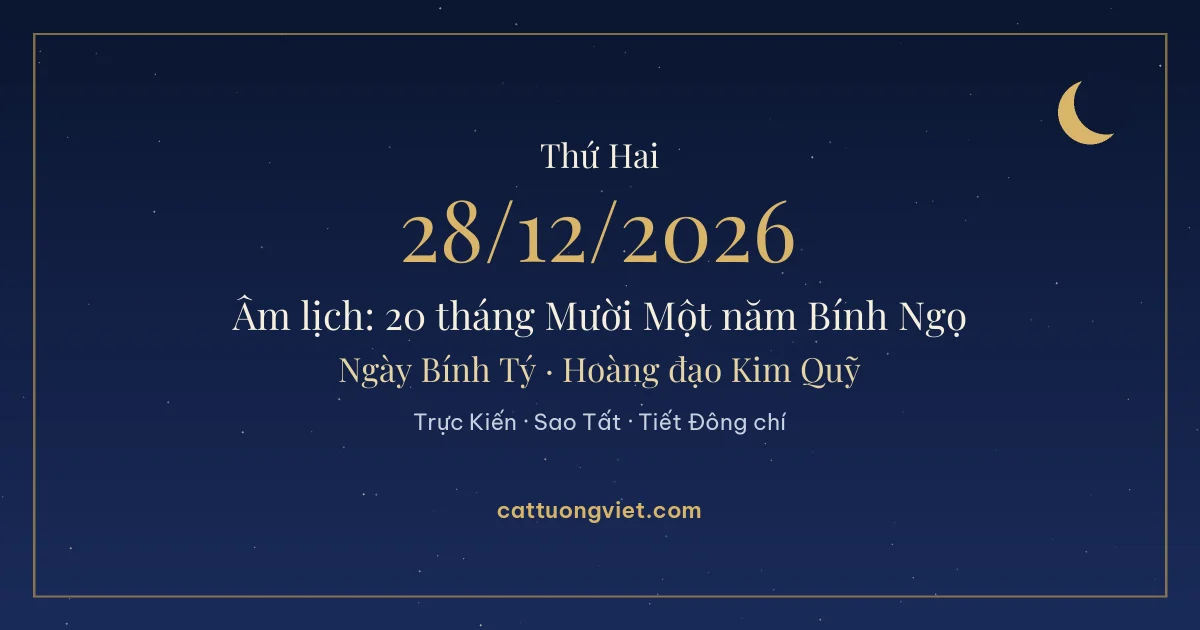 Lịch âm ngày 28/12/2026: 20 tháng Mười Một năm Bính Ngọ, ngày Bính Tý