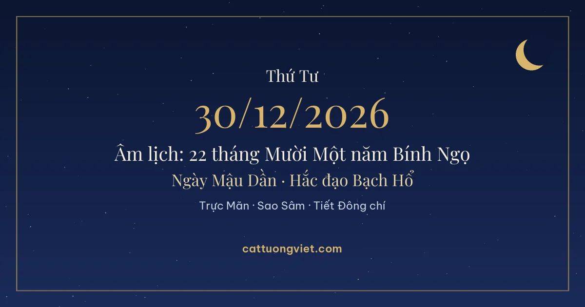Lịch âm ngày 30/12/2026: 22 tháng Mười Một năm Bính Ngọ, ngày Mậu Dần