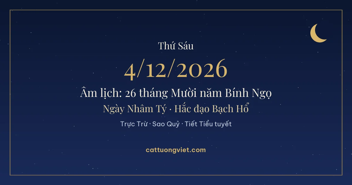 Lịch âm ngày 4/12/2026: 26 tháng Mười năm Bính Ngọ, ngày Nhâm Tý