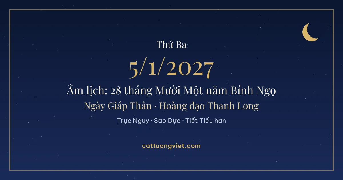 Lịch âm ngày 5/1/2027: 28 tháng Mười Một năm Bính Ngọ, ngày Giáp Thân