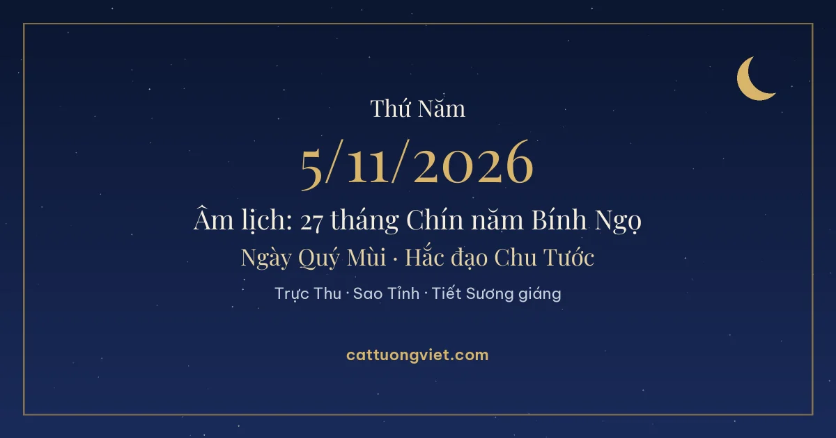 Lịch âm ngày 5/11/2026: 27 tháng Chín năm Bính Ngọ, ngày Quý Mùi