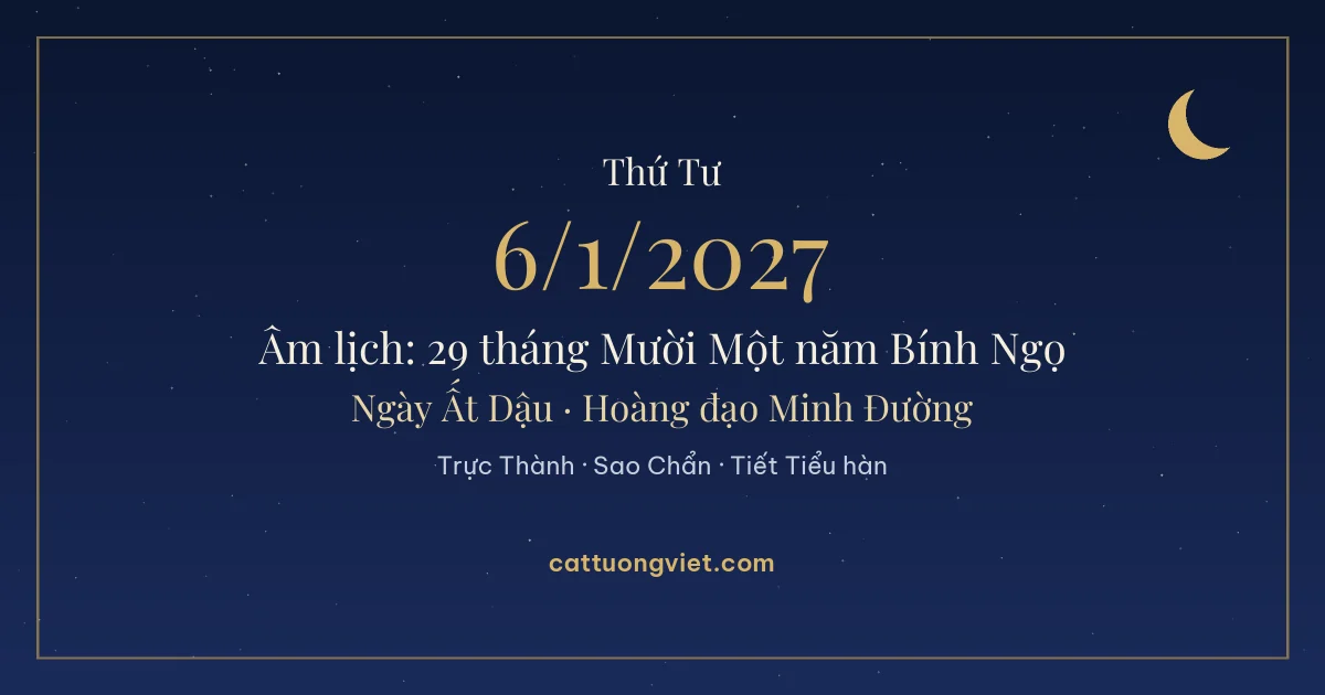 Lịch âm ngày 6/1/2027: 29 tháng Mười Một năm Bính Ngọ, ngày Ất Dậu