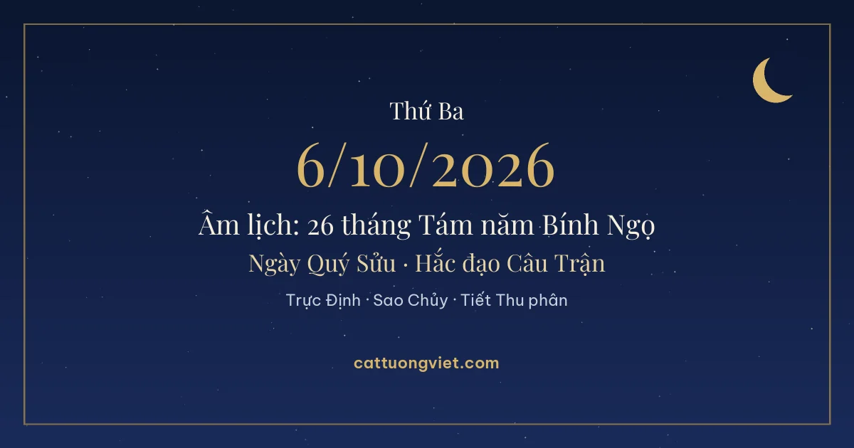 Lịch âm ngày 6/10/2026: 26 tháng Tám năm Bính Ngọ, ngày Quý Sửu